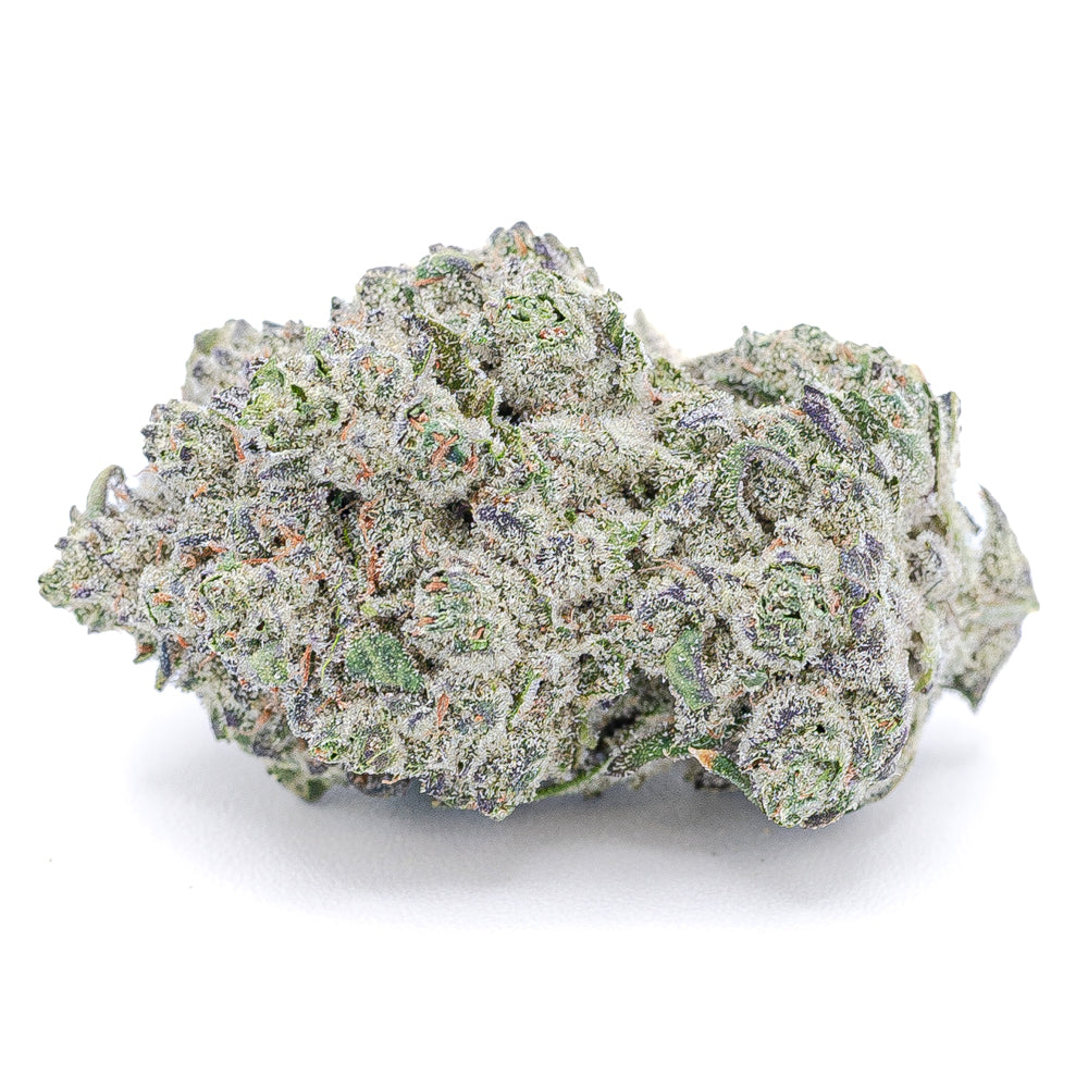 A close-up shot of a dense Ice Cream Cake cannabis bud. The nug is completely covered in a thick, frosty layer of trichomes, giving it a sugary, cake-like appearance. Hints of deep purple and green are visible beneath the white trichomes, accented by fiery orange pistils. This image perfectly showcases the potent and visually stunning qualities of the Ice Cream Cake strain. Genetics Gelato 33 x Wedding Cake.